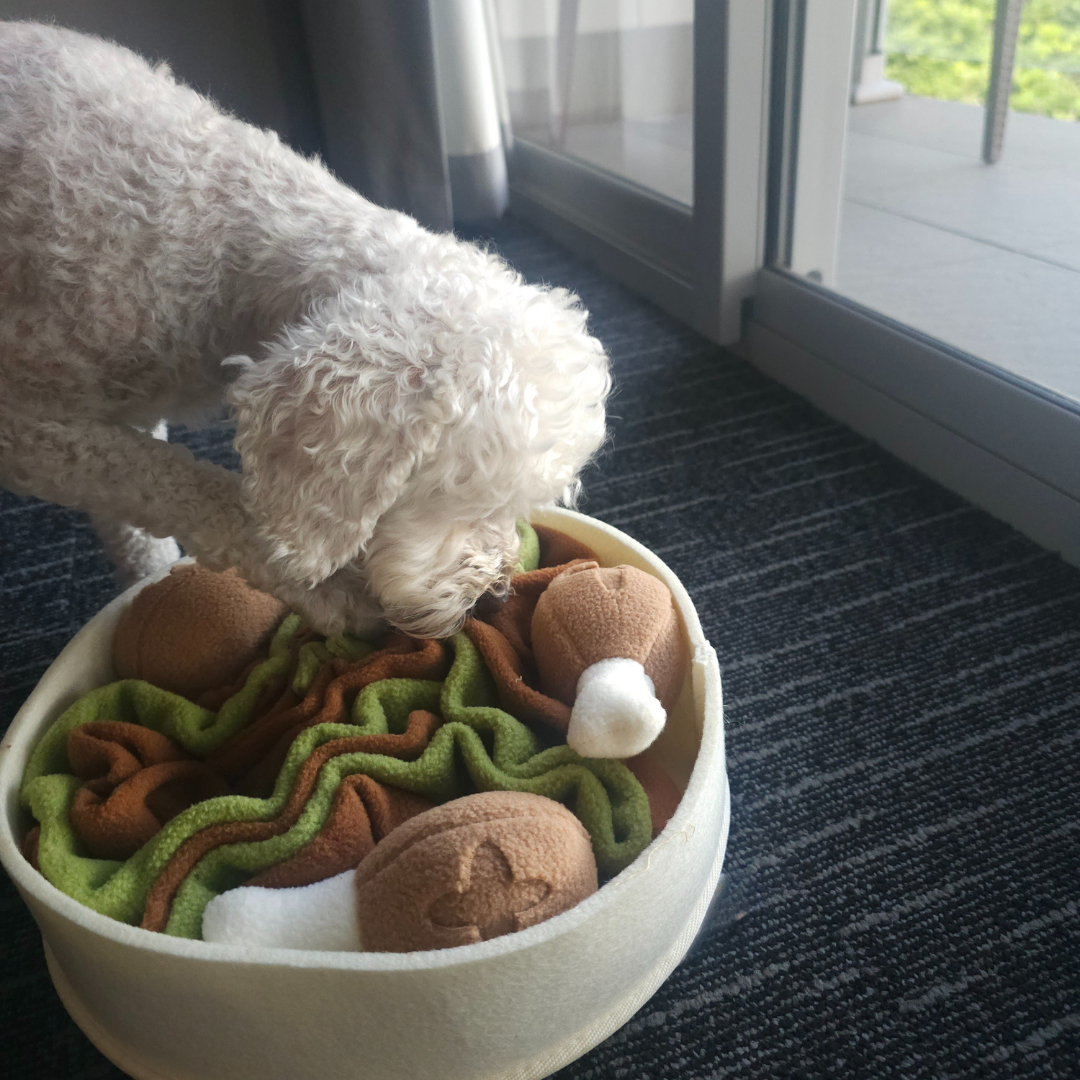 Dog interacting with chicken drumstick snuffle toy made of felt on a carpeted floor.