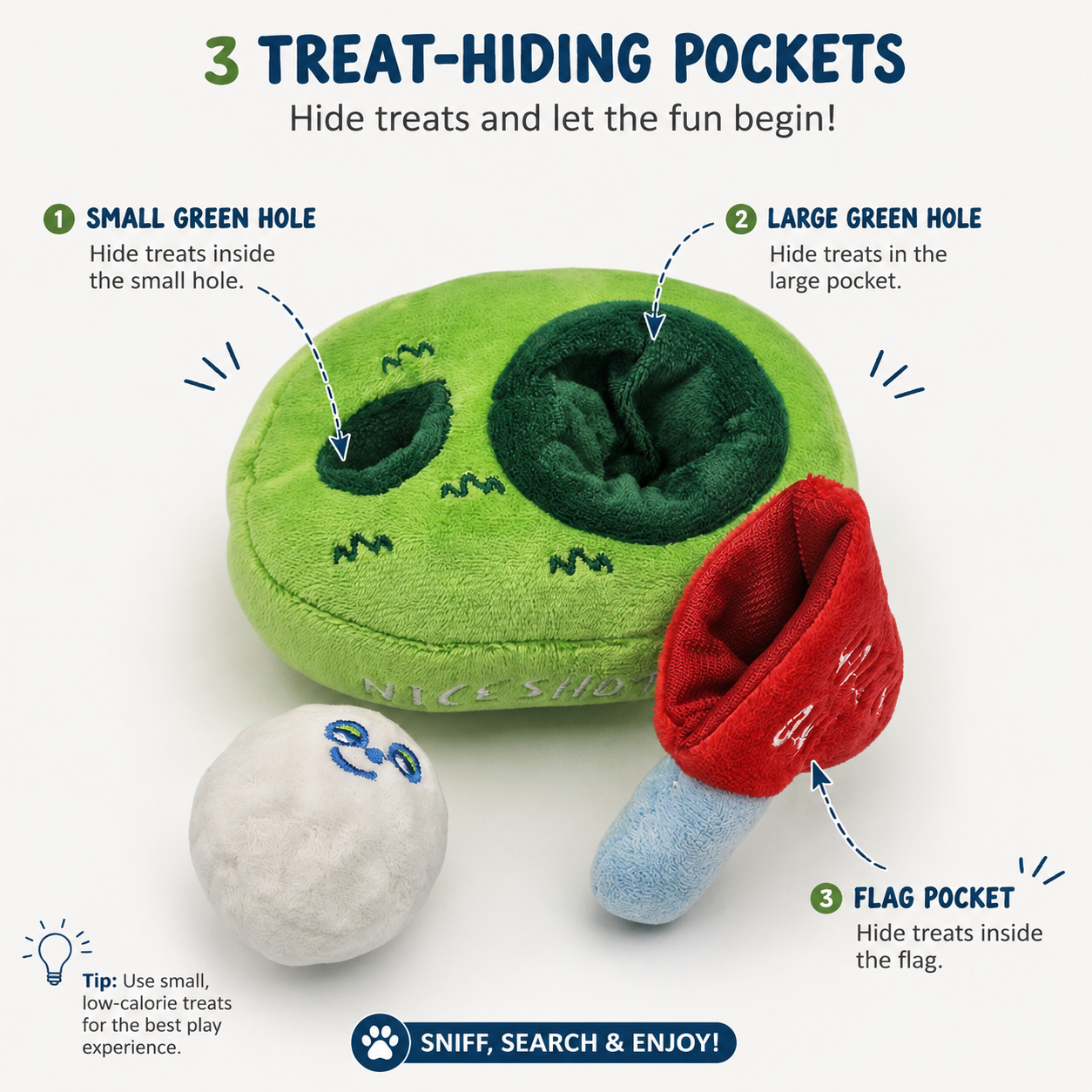 BITE ME Golf Nosework Toy showing three treat-hiding pockets in the golf green and flag.