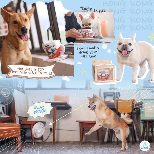 Collage of dogs enjoying Woof² Hong Kong Milk Tea 2-in-1 Nose-work Dog Toy