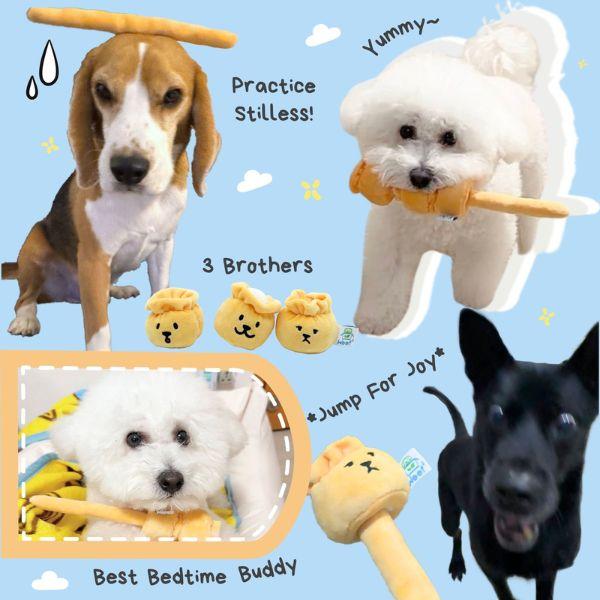 Collage of dogs playing Woof² Siu Mai Brothers Dog Toy