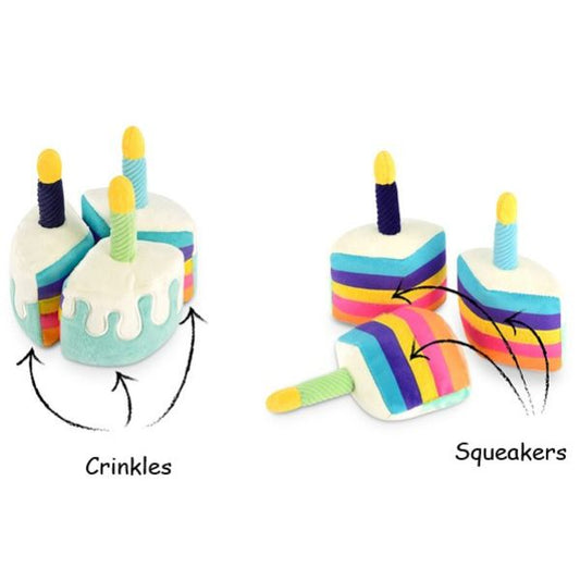 P.L.A.Y. Party Time Bone Appétit Cake plush dog toy showing crinkle and squeaker features
