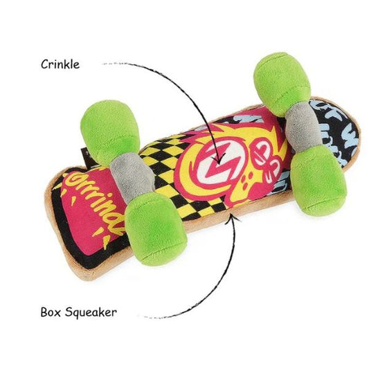 P.L.A.Y. Kickflippin’ K9 Skateboard dog toy showing box squeaker and crinkle sound features for interactive fun