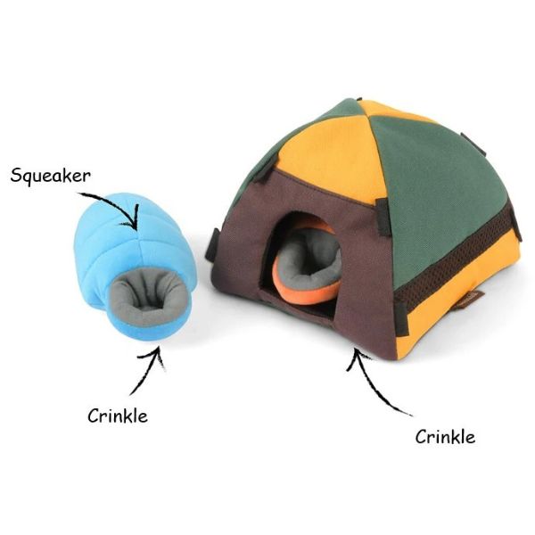 P.L.A.Y. Trailblazing Tent dog toy showing crinkle tent and squeaky sleeping bag features for enrichment play