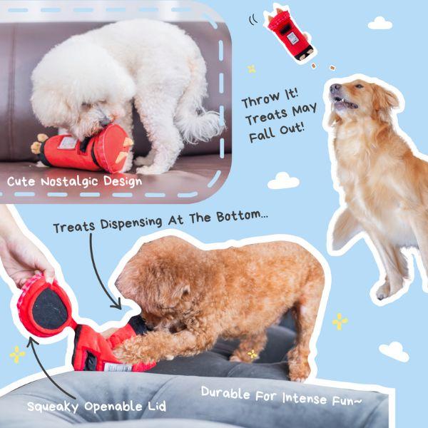 Features of Woof² British Postbox Treat-Dispensing Dog Toy