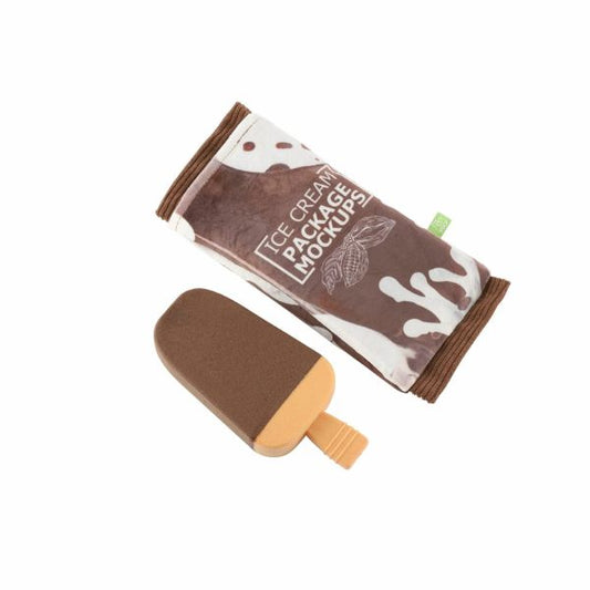 Chocolate ice cream bar plush dog toy displayed with matching brown wrapper