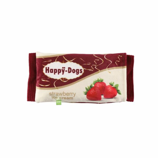 Strawberry ice cream bar plush dog toy with red packaging and strawberry design