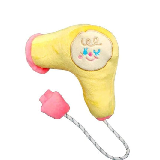 Woof² Housekeeping Series hair dryer plush dog toy in yellow and pink with embroidered face and cord