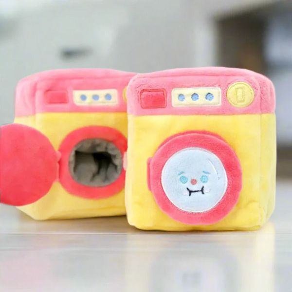Woof² Housekeeping Series washing machine plush dog toy in pink and yellow with soft drum opening design