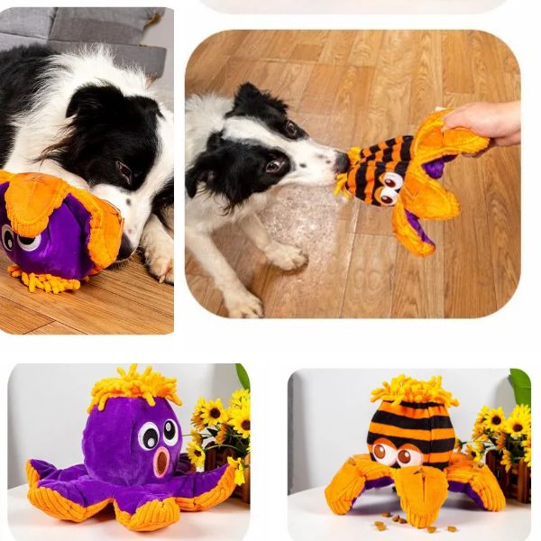 Dogs playing with the Octopus Snuffle dog toy in orange and purple colours showing tug and sniff play