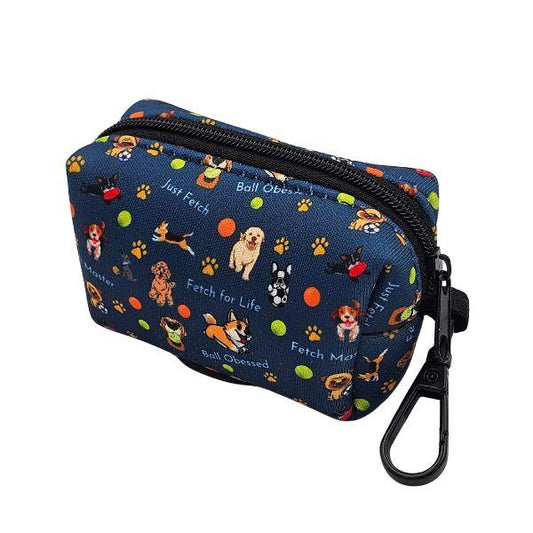Top view of Pawcurement Fetch for Life Poop Bag Holder with dispenser opening and printed dog pattern