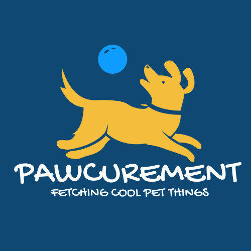 Pawcurement logo featuring a golden dog silhouette on a blue background with the tagline “Fetching Cool Pet Things”
