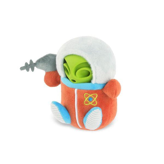 Side view of the P.L.A.Y. Alien Buddy Astro Explorer dog toy showing the green alien inside the orange space suit holding a plush ray gun.