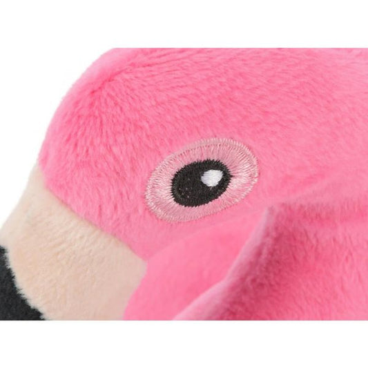 Close-up of the P.L.A.Y. Tropical Flamingo Float dog toy showing pink flamingo head and plush texture