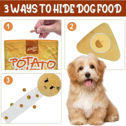 Potato Chips snuffle dog toy showing three ways to hide treats for dogs