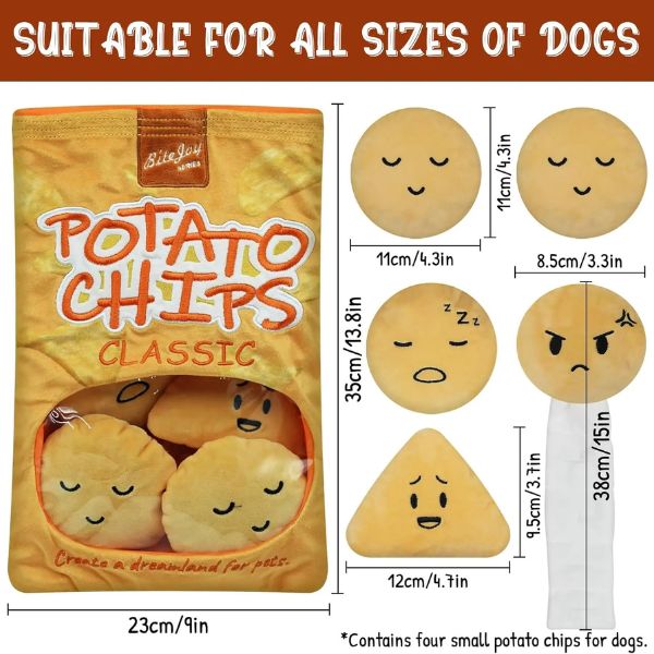 Potato Chips snuffle dog toy size chart showing dimensions of chip pieces and snack bag