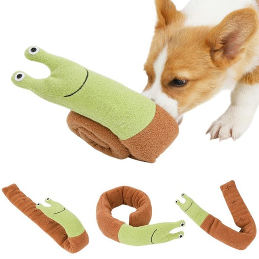 Snail Snuffle dog toy showing different unrolled and rolled positions with dog interacting