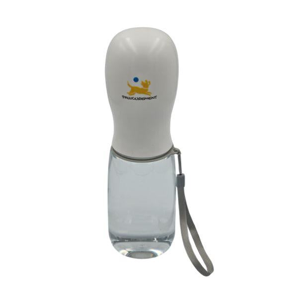 White and clear Pawcurement Dog Water Bottle with a grey strap.