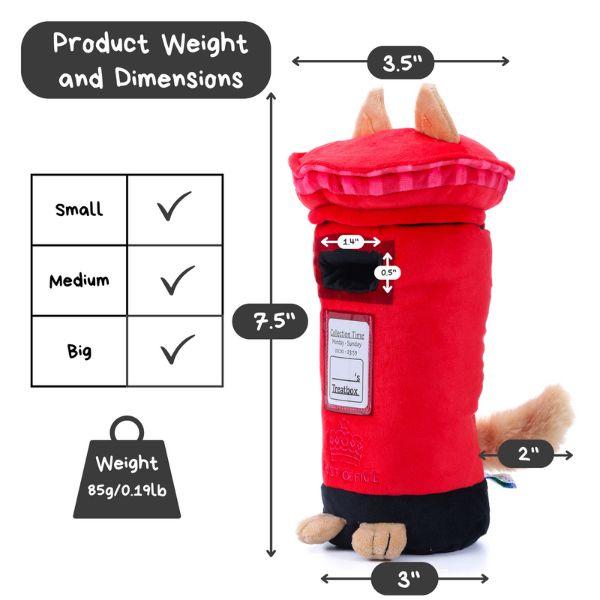 Product weight and dimensions of the Woof² British Postbox Treat-Dispensing Dog Toy showing measurements of 7.5 inches height and 85g weight, suitable for small and medium dogs.