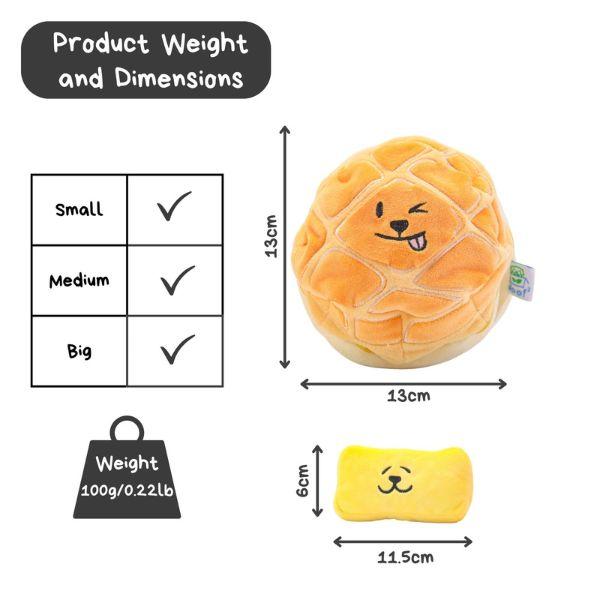 Product weight and dimensions chart for the Woof² Buttered Pineapple Bun 2-in-1 Dog Toy showing measurements for both the bun and butter plush pieces.
