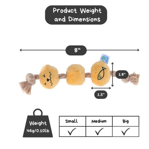 Product weight and dimensions of the Woof² Curry Fishball Dog Toy showing measurements of 8 inches in length and 46g weight, suitable for small and medium dogs.