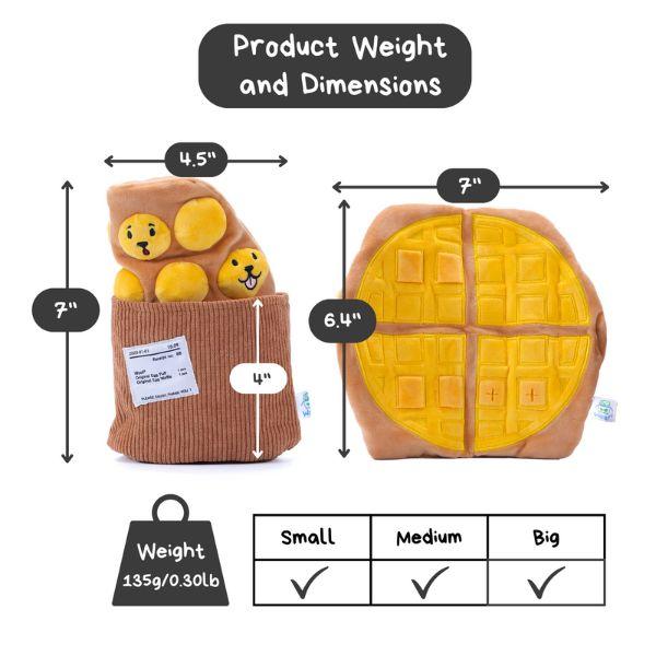 Product weight and dimensions of the Woof² Egg Puff Waffle Nose-work Dog Toy showing measurements of 7 inches height and 135g weight, suitable for small and medium dogs.