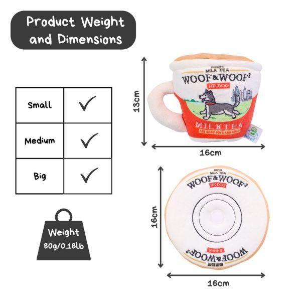 Product weight and dimensions chart for the Woof² Hong Kong Milk Tea 2-in-1 Nose-work Dog Toy showing cup measurements, top view design, and suitability for small to medium dogs.