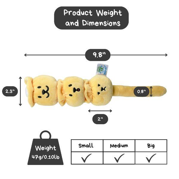 Product weight and dimensions chart for the Woof² Siu Mai Brothers Dog Toy showing three connected plush siu mai, length, and size suitability for small to medium dogs.