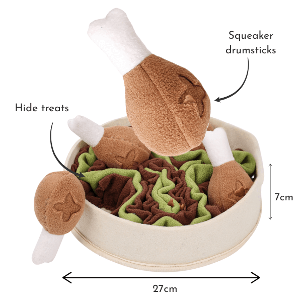 Interactive snuffle toy for dogs with squeaker drumsticks and treat pockets.