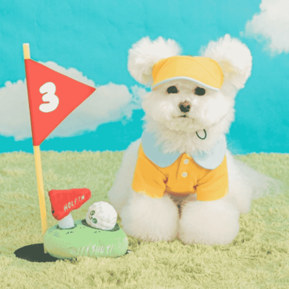 Small dog sitting beside the BITE ME Golf Nosework Toy with golf ball and flag.