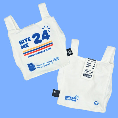 Front and back view of the BITE ME Crinkle Bag Nosework Dog Toy with hidden receipt detail
