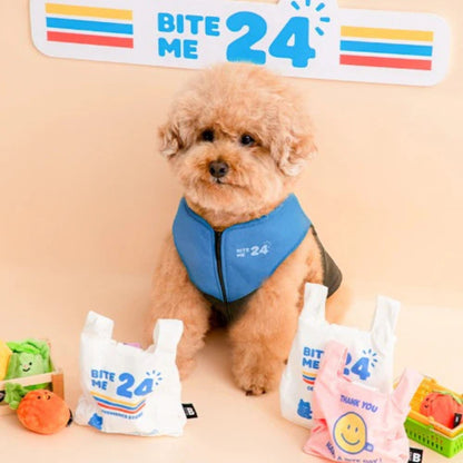 BITE ME Crinkle Bag Nosework Dog Toy with small dog and convenience store themed enrichment setup