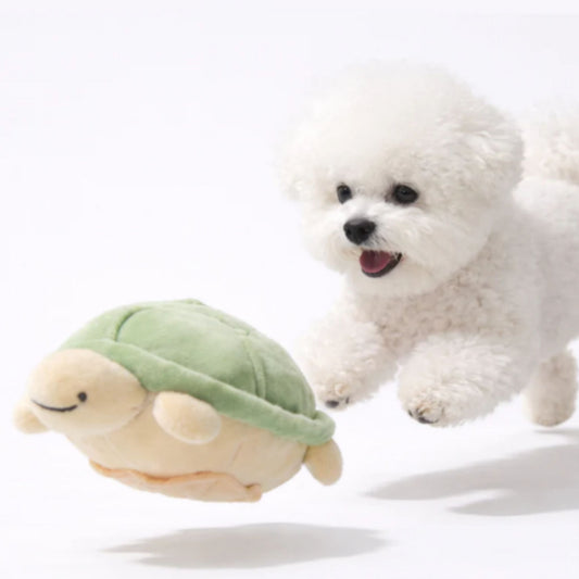Small white dog chasing the BITE ME Jumping Boogie Auto-Ball Toy during interactive play