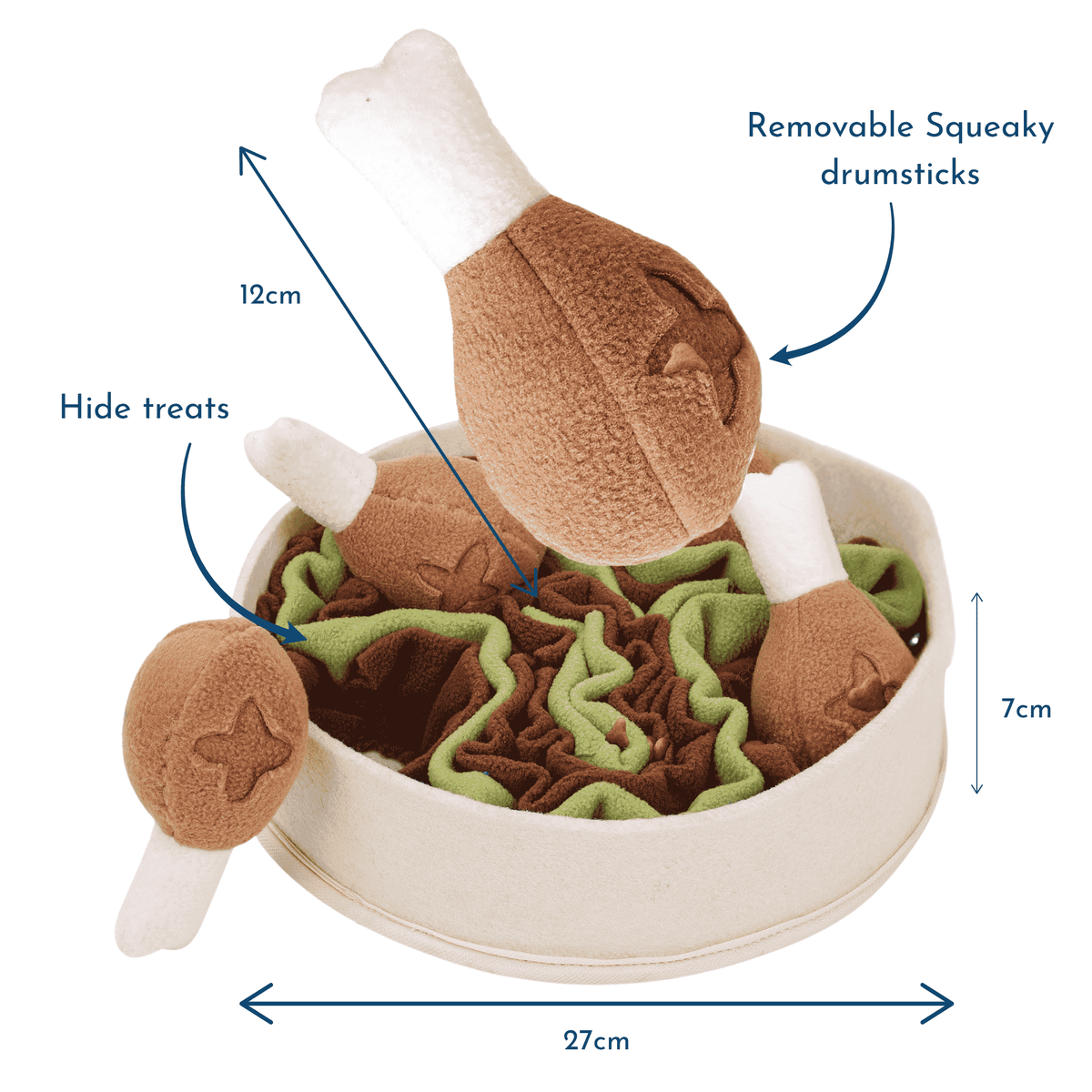 Chicken Drumstick Snuffle Bowl showing 27cm bowl, 7cm height, 12cm removable squeaky drumsticks and treat hiding areas.