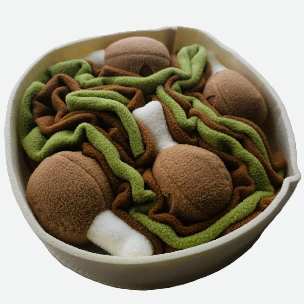 Chicken Drumstick Snuffle Bowl with removable drumsticks and treat-hiding folds.