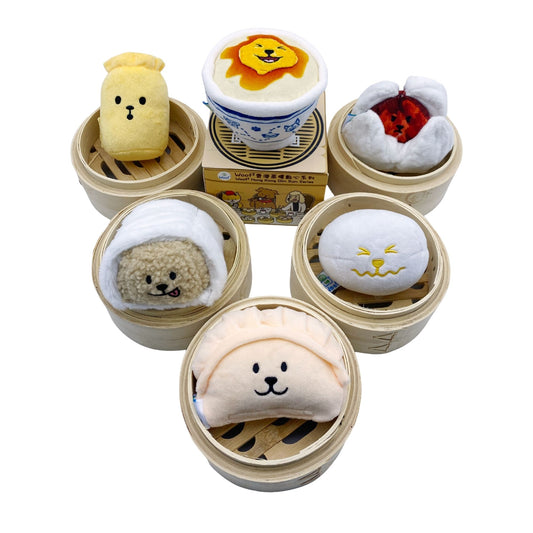 Woof² dim sum blind box dog toy collection showing multiple dim sum designs together