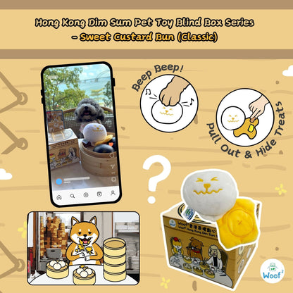 Woof² dim sum blind box dog toy featuring the Sweet Custard Bun design with soft plush enrichment play
