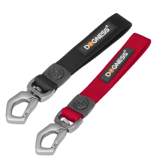 Dogness Car Restraint in black and red variants featuring heavy-duty alloy clip and branded tag