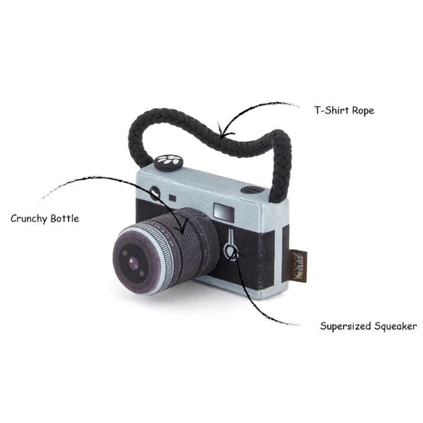 P.L.A.Y Globetrotter Collection | Features of Lens Licker Camera plush dog toy