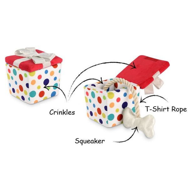 Features of P.L.A.Y. Party Time Pawfect Present plush dog toy