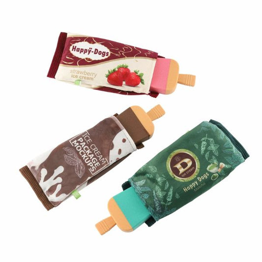 Fresher Crunch Candy plush dog toy set featuring three ice cream bar designs in strawberry, chocolate, and matcha