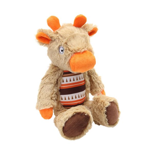 Loop Friendee Latin Cattle plush dog toy shown at an angle, featuring soft tan fabric, orange accents, and a friendly expression