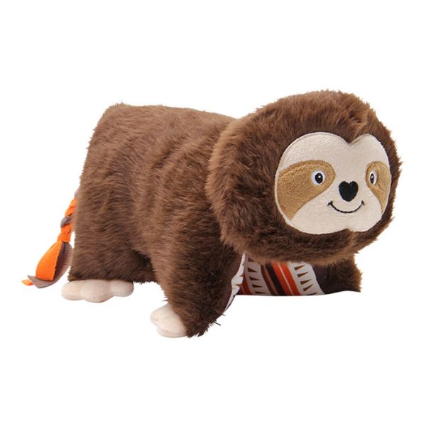 Loop Friendee Latin Slaw plush dog toy side view highlighting its fluffy brown fur and relaxed sloth-inspired design