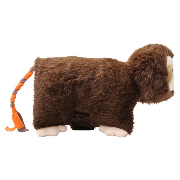 Loop Friendee Latin Slaw plush dog toy side view highlighting its brown fur and orange limbs