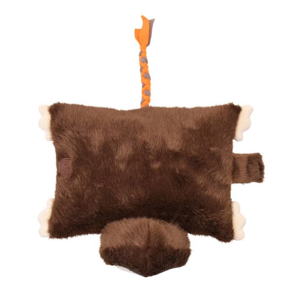 Loop Friendee Latin Slaw plush dog toy top-down view showing its brown fuzzy body and small orange tail