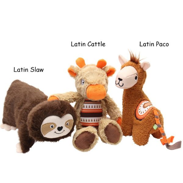 Loop Friendee Series plush dog toys featuring multiple animal designs including cattle, sloth, and more, displayed together