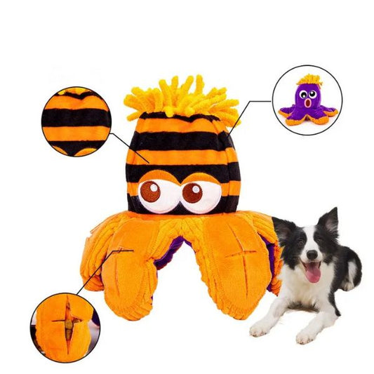 Octopus Snuffle dog toy showing detailed stitching, hidden treat pockets, and reversible design features