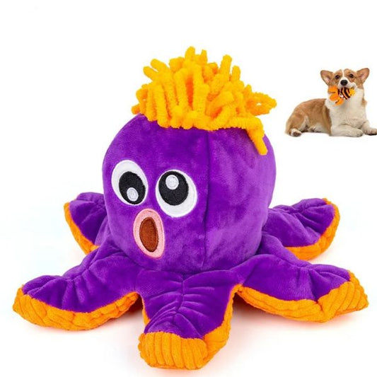 Purple and orange Octopus Snuffle dog toy with plush texture and dog playing in the background