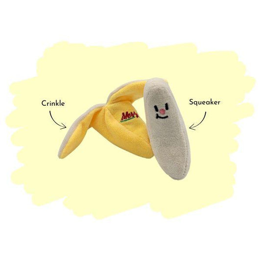 Pawcurement Banana Rama Dog Toy showing crinkle peel and squeaker core features