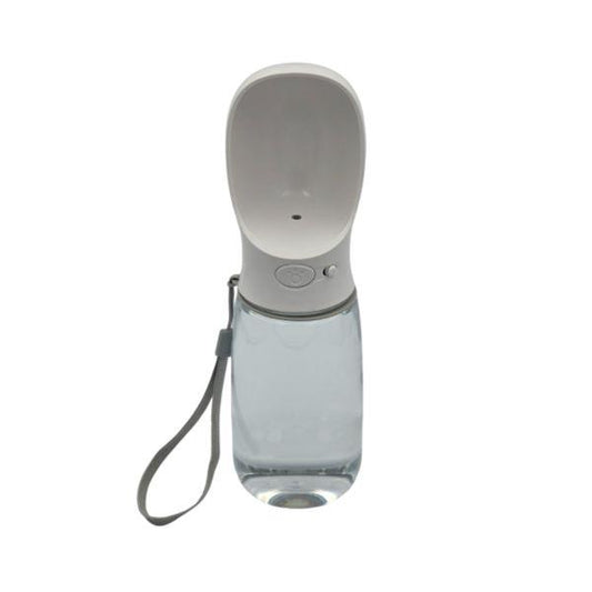 Clear pet dog water bottle with a grey wrist strap