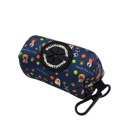 Angled view of Pawcurement Fetch for Life Poop Bag Holder featuring colourful dog prints and dispenser slot